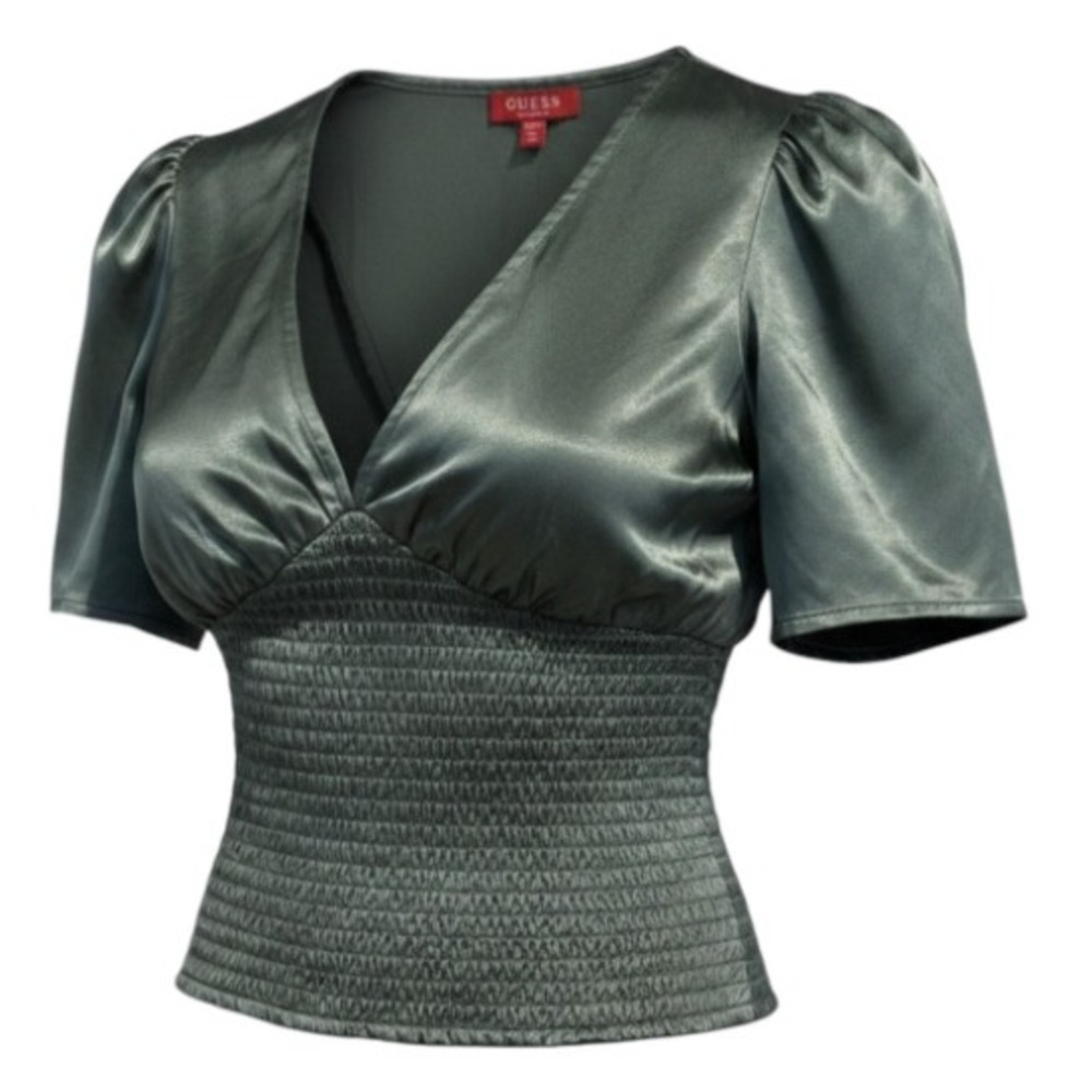 Guess Emerald Green Satin V-Neck Smocked Waist Blouse